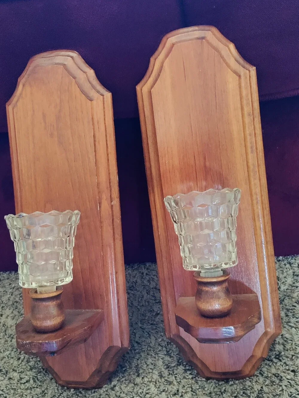 Set Of Wooden Vintage Wall Sconces With Glass Votive holders Cottagecore